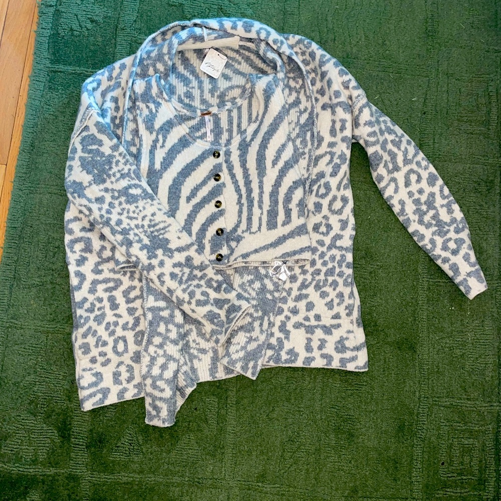 Free People two piece cardigan set, New with tags. Cream and gray cotton blend.
